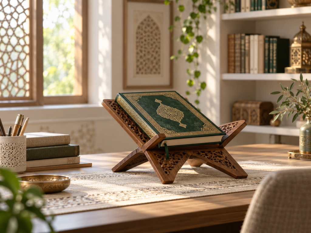 Quran resting on a wooden stand in a peaceful study
